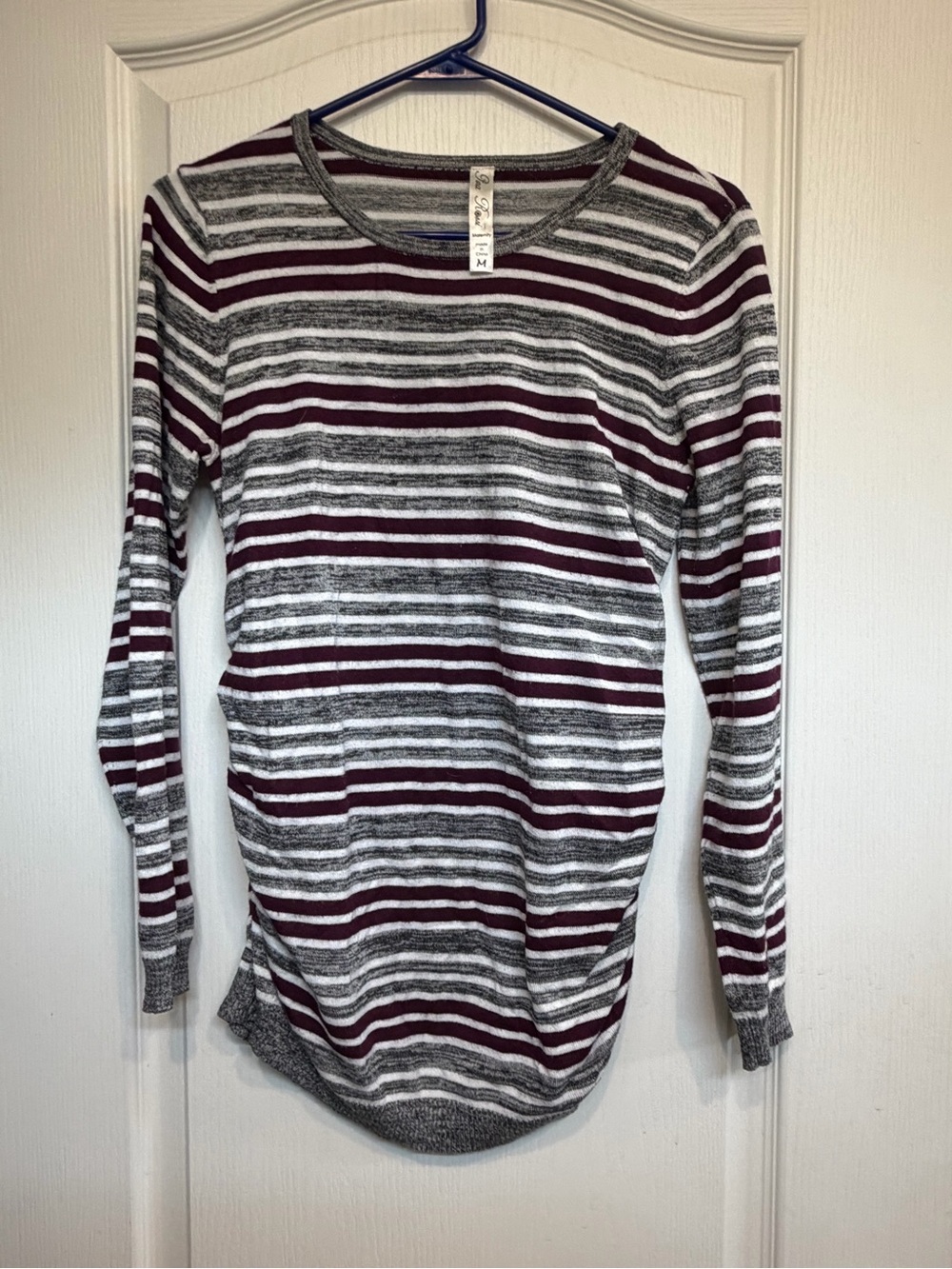 Pina Rossi Maroon and Gray Striped Long-Sleeve Crewneck